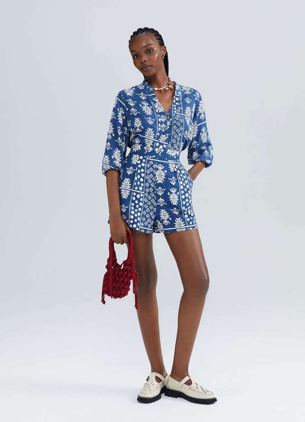 Hering - Blusa Feminina Estampada Decote V Manga Bufante Azul 4