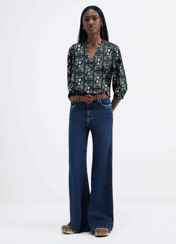 Hering - Blusa Feminina Estampada Decote V Manga Bufante Verde