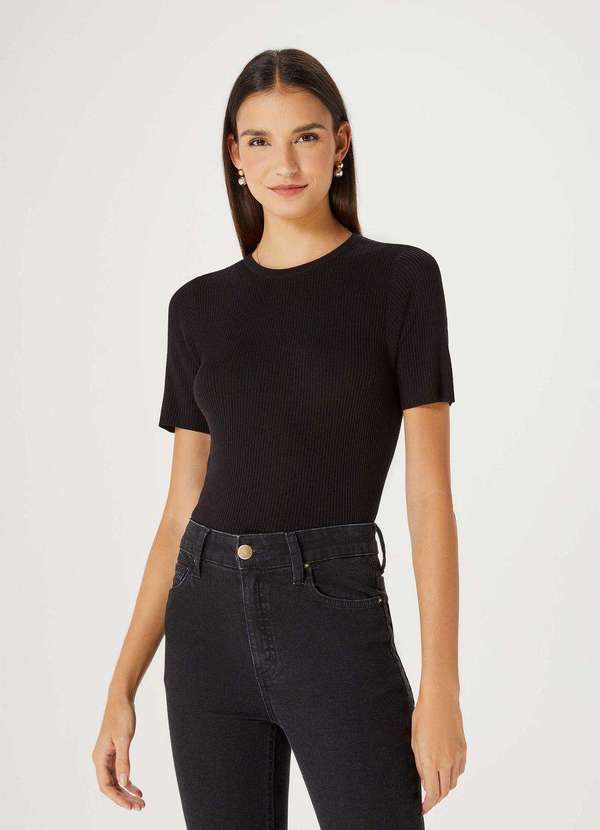Hering - Blusa Feminina Manga Curta Canelada em Trico Preto