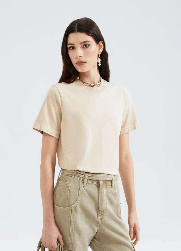 Hering - Blusa Feminina Manga Curta em Malha Binada Bege