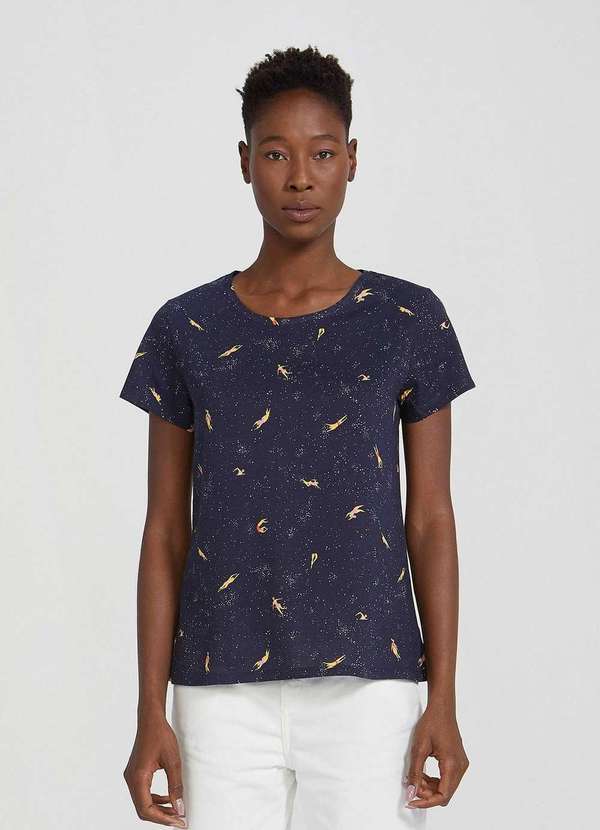 Hering - Blusa Feminina Manga Curta Estampada com Flores Azul