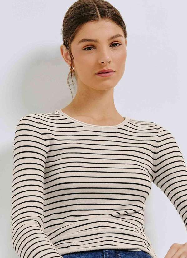 Hering - Blusa Feminina Manga Longa Slim Listrada em Trico Branco