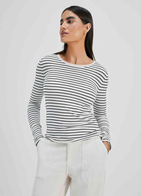 Hering - Blusa Feminina Manga Longa Slim Listrada em Trico Branco