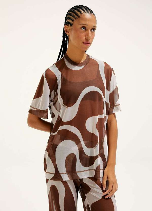 Hering - Blusa Manga Curta Estampada em Tule Hering e Cosmo Marrom