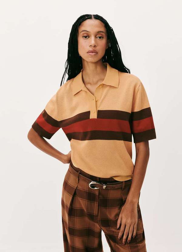 Hering - Blusa Polo Feminina Listrada em Trico Amarelo