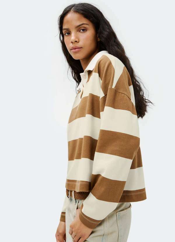 Hering - Blusa Polo Feminina Manga Longa Box Listrada Marrom 4