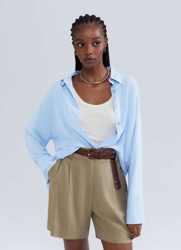 Hering - Camisa Feminina Alongada Manga Longa com Linho Azul