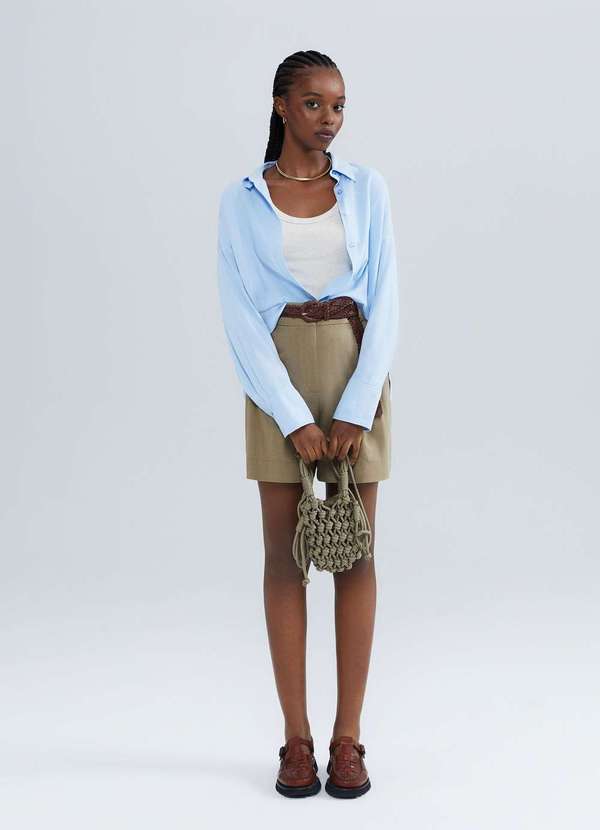 Hering - Camisa Feminina Alongada Manga Longa com Linho Azul 4