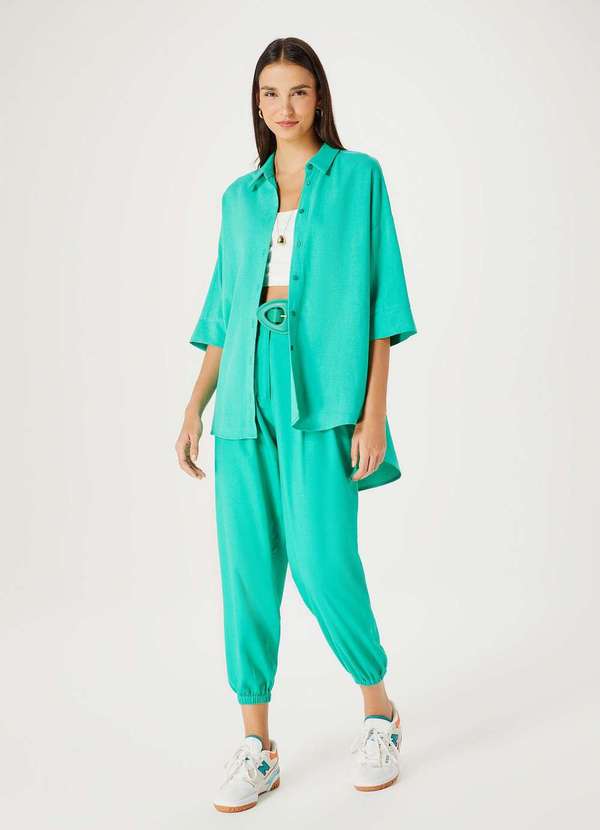 Hering - Camisa Feminina Manga Curta em Linho Verde