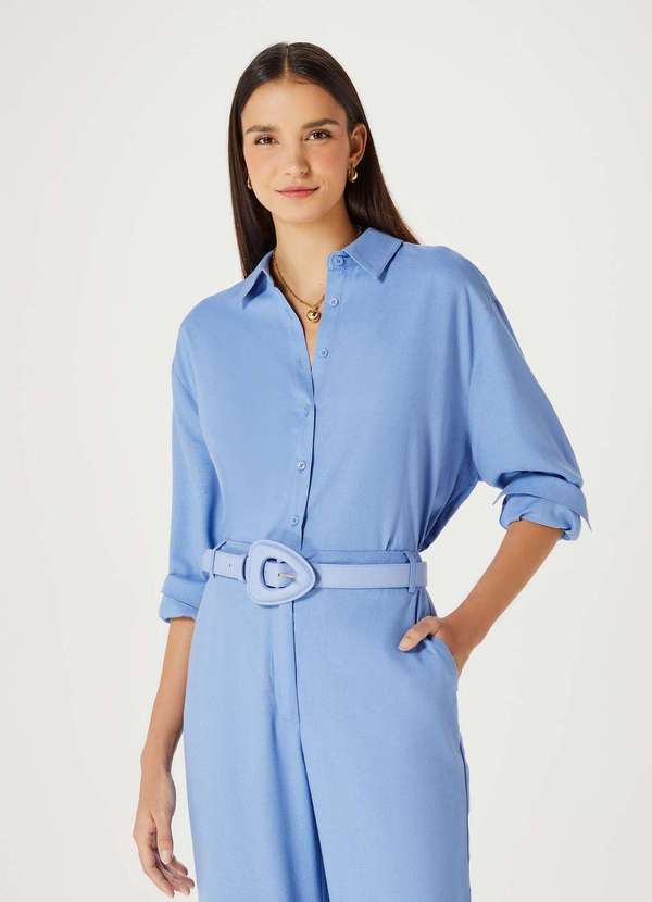 Hering - Camisa Feminina Manga Longa Ampla com Linho Azul