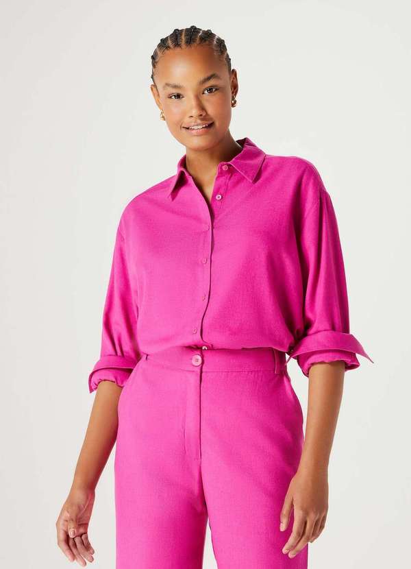 Hering - Camisa Feminina Manga Longa Ampla com Linho Rosa