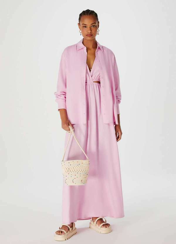 Hering - Camisa Feminina Manga Longa Ampla com Linho Rosa 2