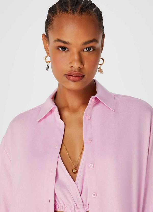 Hering - Camisa Feminina Manga Longa Ampla com Linho Rosa 4