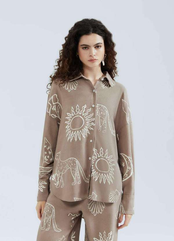 Hering - Camisa Feminina Manga Longa Estampada Marrom