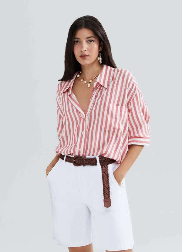Hering - Camisa Feminina Manga Longa Listrada Vermelho
