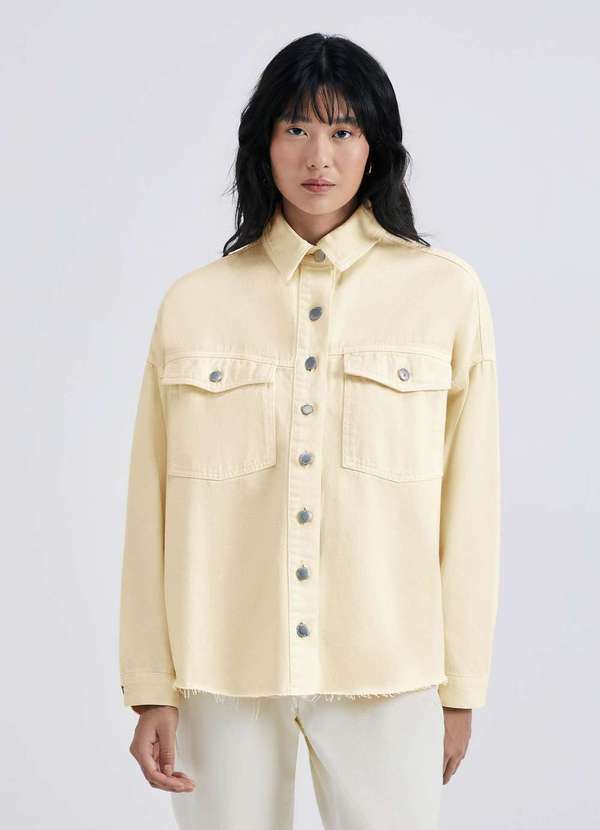 Hering - Camisa Feminina Manga Longa Oversized em Sarja Estonada Amarelo