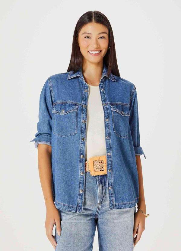 Hering - Camisa Jeans Feminina Alongada Azul