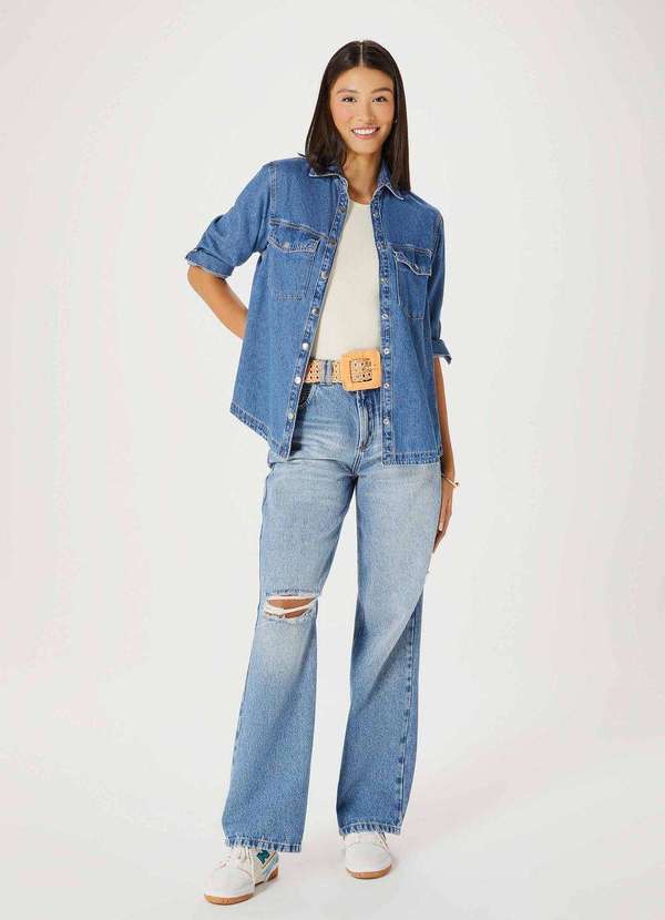 Hering - Camisa Jeans Feminina Alongada Azul 2