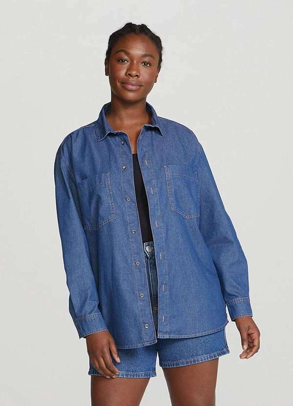 Hering - Camisa Jeans Feminina Oversized Azul