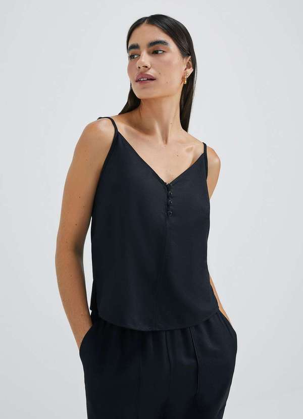 Hering - Regata Feminina com Botoes em Viscose Creponada Preto