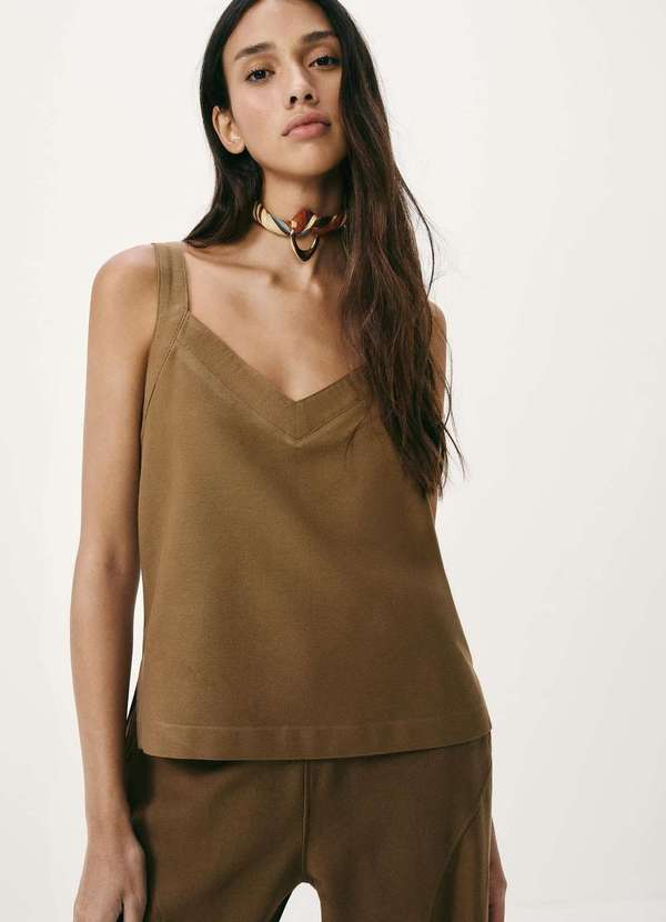 Hering - Regata Feminina Decote V Algodao e Linho Marrom