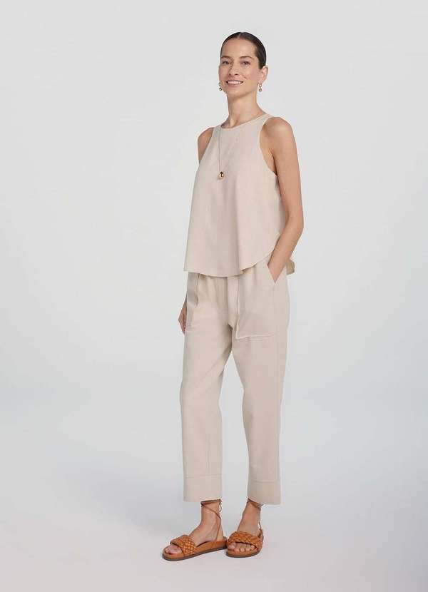 Hering - Calca Basica Feminina Cintura Alta com Amarracao Bege 8