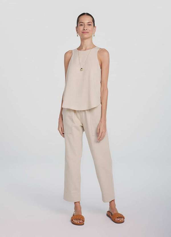 Hering - Calca Basica Feminina Cintura Alta com Amarracao Bege 9