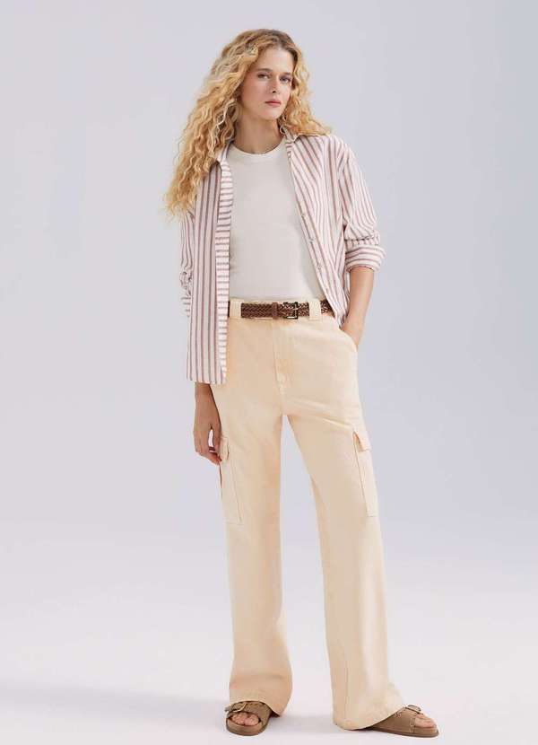 Hering - Calca de Sarja Feminina Wide Leg Cargo Estonada Laranja