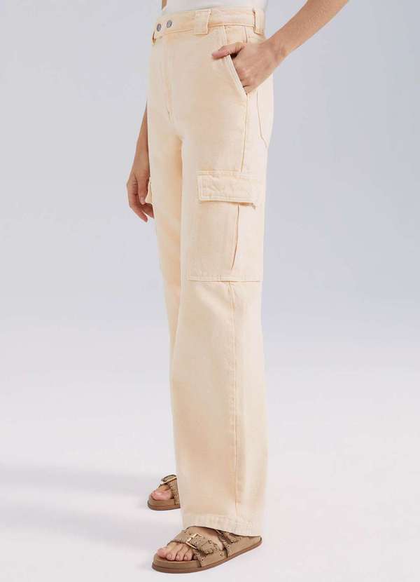 Hering - Calca de Sarja Feminina Wide Leg Cargo Estonada Laranja 3