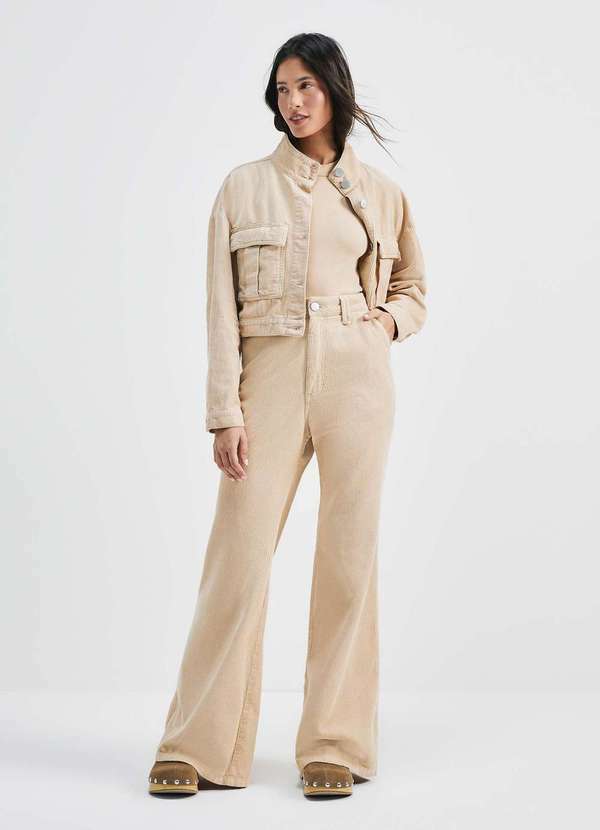 Hering - Calca Feminina Pantalona Cintura Alta em Veludo Cotele Bege