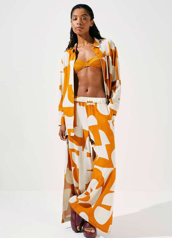 Hering - Calca Feminina Pantalona Cintura Alta Estampada Laranja
