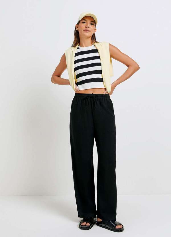 Hering - Calca Feminina Reta Cintura Alta com Linho Preto