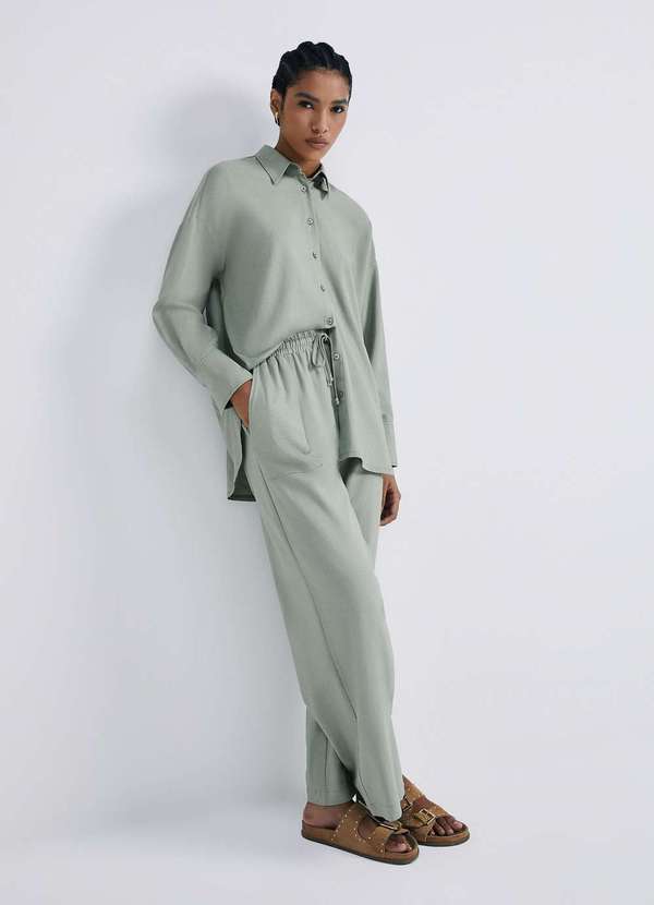 Hering - Calca Feminina Reta Cintura Alta com Linho Verde