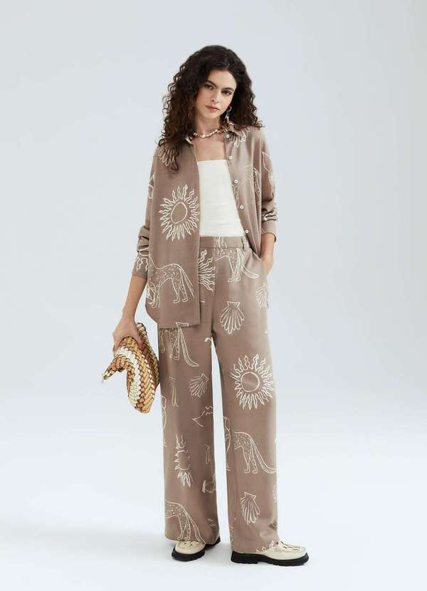 Hering - Calca Feminina Reta Cintura Alta Estampada Marrom