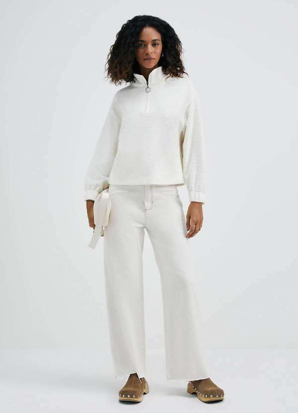 Hering - Calca Feminina Wide Cropped Cintura Alta em Sarja Branco