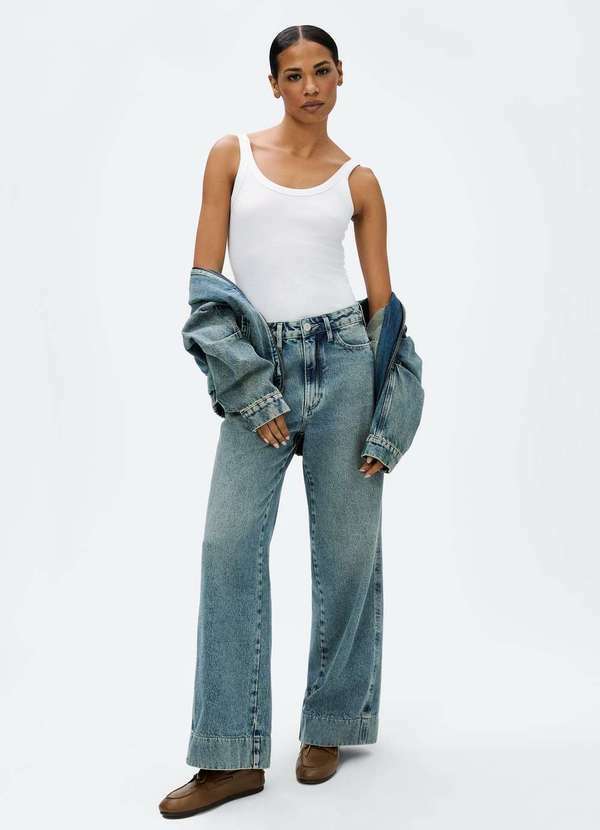 Hering - Calca Jeans Feminina Pantalona Cintura Alta Azul