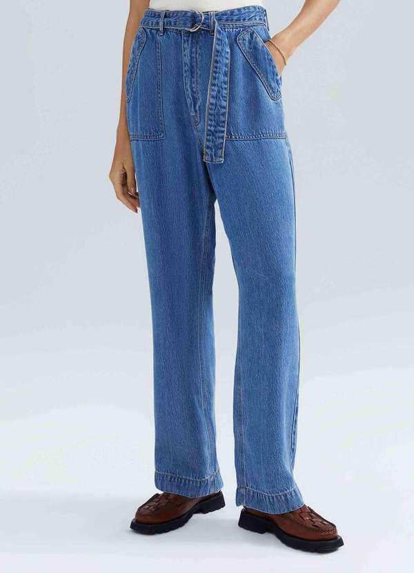 Hering - Calca Jeans Feminina Reta Cintura Media com Cinto Azul 2