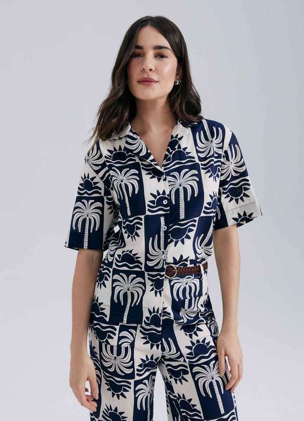 Hering - Camisa Feminina Manga Curta Estampada Azul