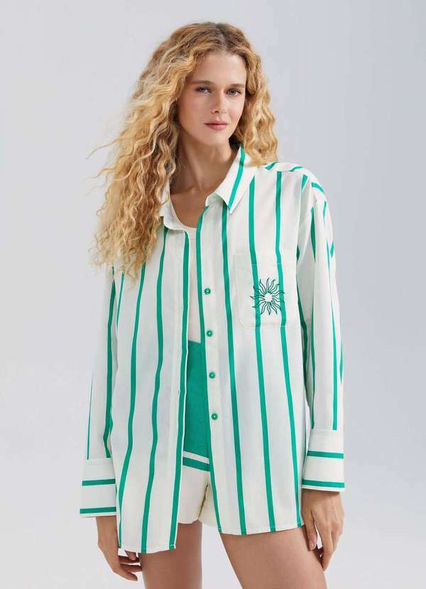 Hering - Camisa Feminina Manga Longa Ampla Listrada Verde