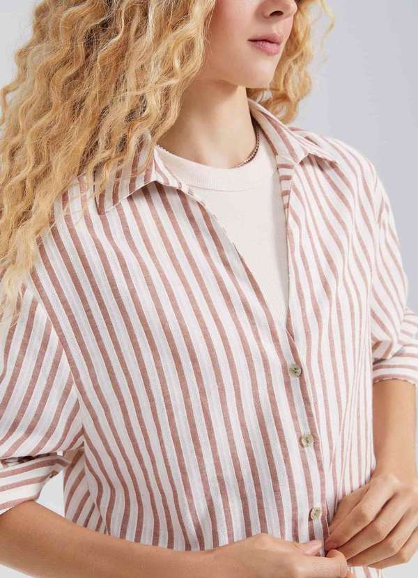 Hering - Camisa Feminina Manga Longa Listrada Bege 2