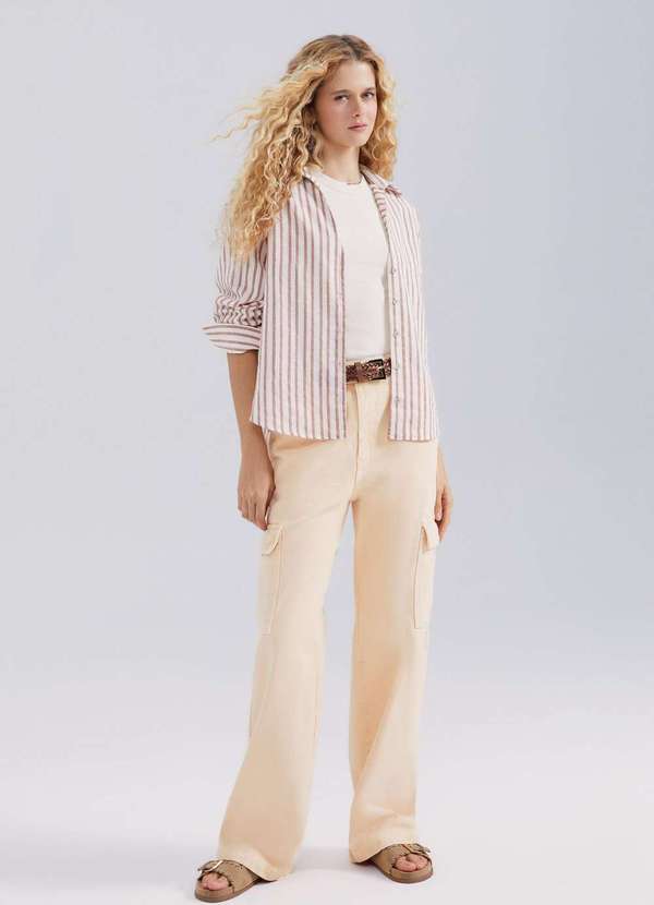 Hering - Camisa Feminina Manga Longa Listrada Bege 4