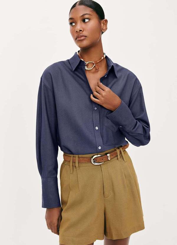 Hering - Camisa Feminina Manga Longa Oversized Azul