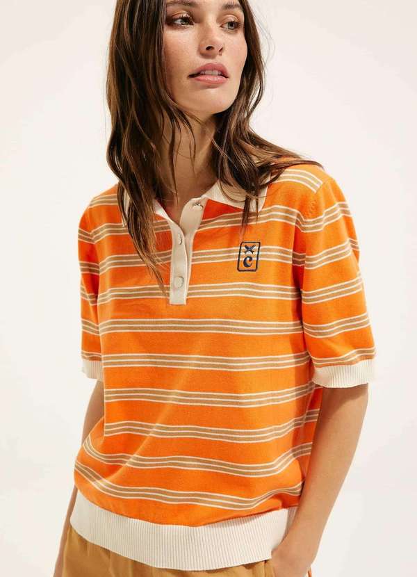 Hering - Camisa Polo Listrada em Trico Hering e Cosmo Laranja