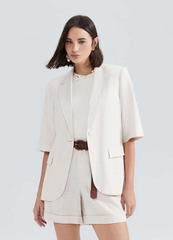 Hering - Blazer Feminino Risca de Giz com Linho Branco