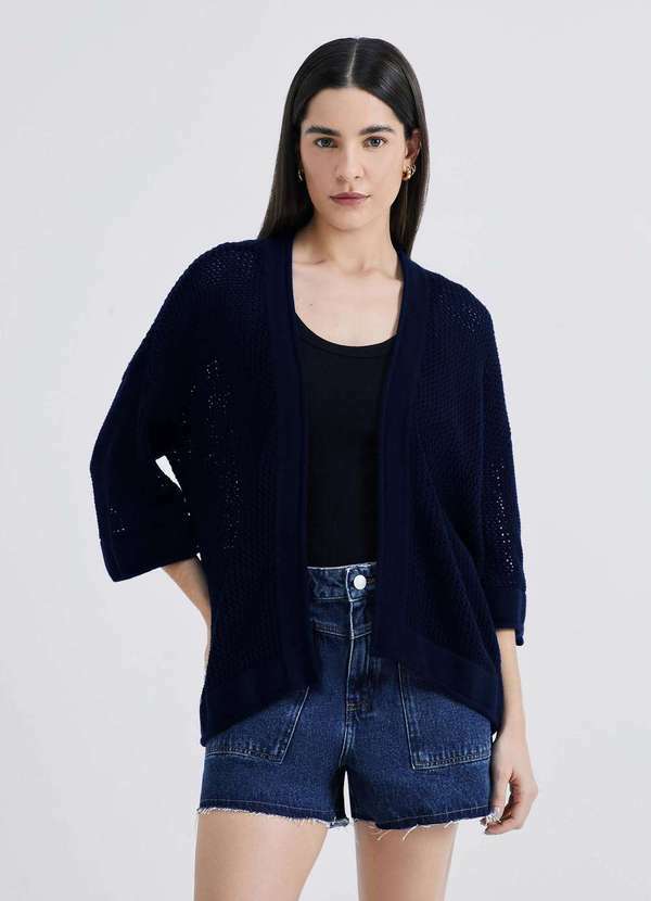 Hering - Kimono Feminino Manga 7/8 em Trico Texturizado Azul