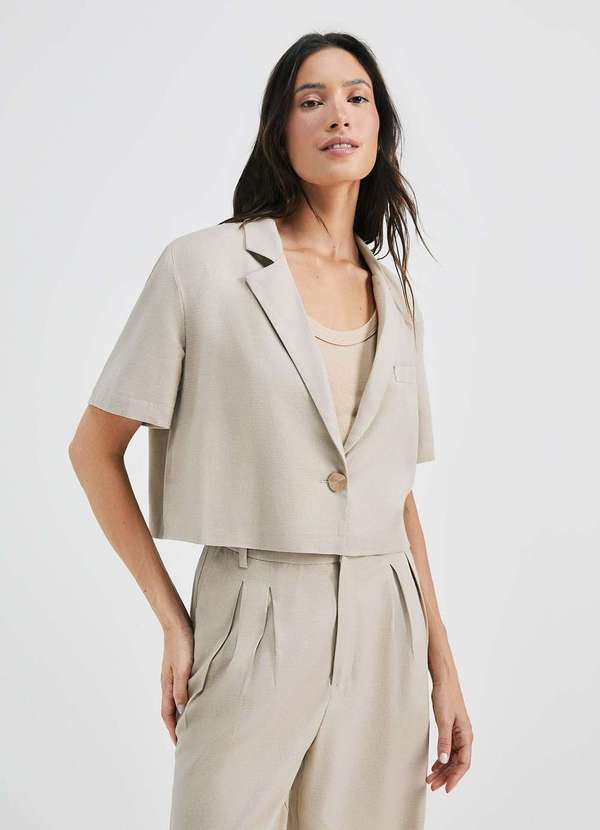 Hering - Blazer Feminino Cropped Manga Curta com Linho Bege
