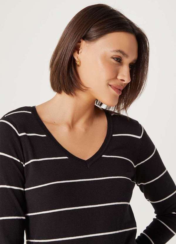 Hering - Blusao Basico Feminino Listrado em Trico Preto 4