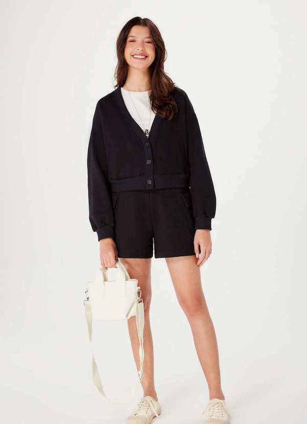 Hering - Cardigan Basico em Moletom Feminino com Botoes Preto