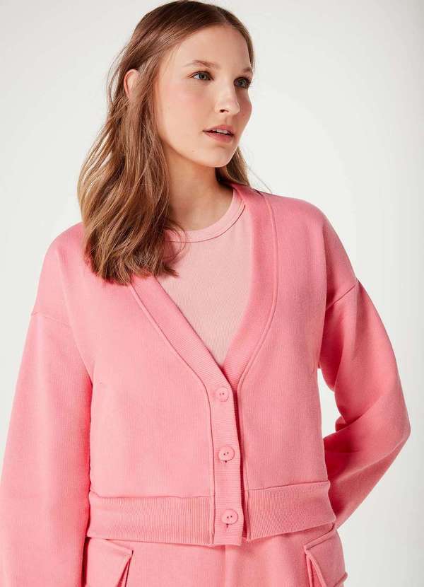 Hering - Cardigan Basico em Moletom Feminino com Botoes Rosa 4