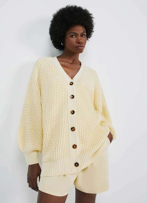 Hering - Cardigan Feminino Alongado em Trico Texturizado Amarelo